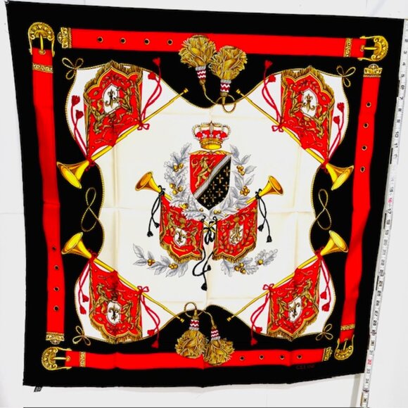 Unused Celine Paris 100% Silk Scarf Satin 34" Beige Black Red Prumpet Bow  (37 - Picture 12 of 16
